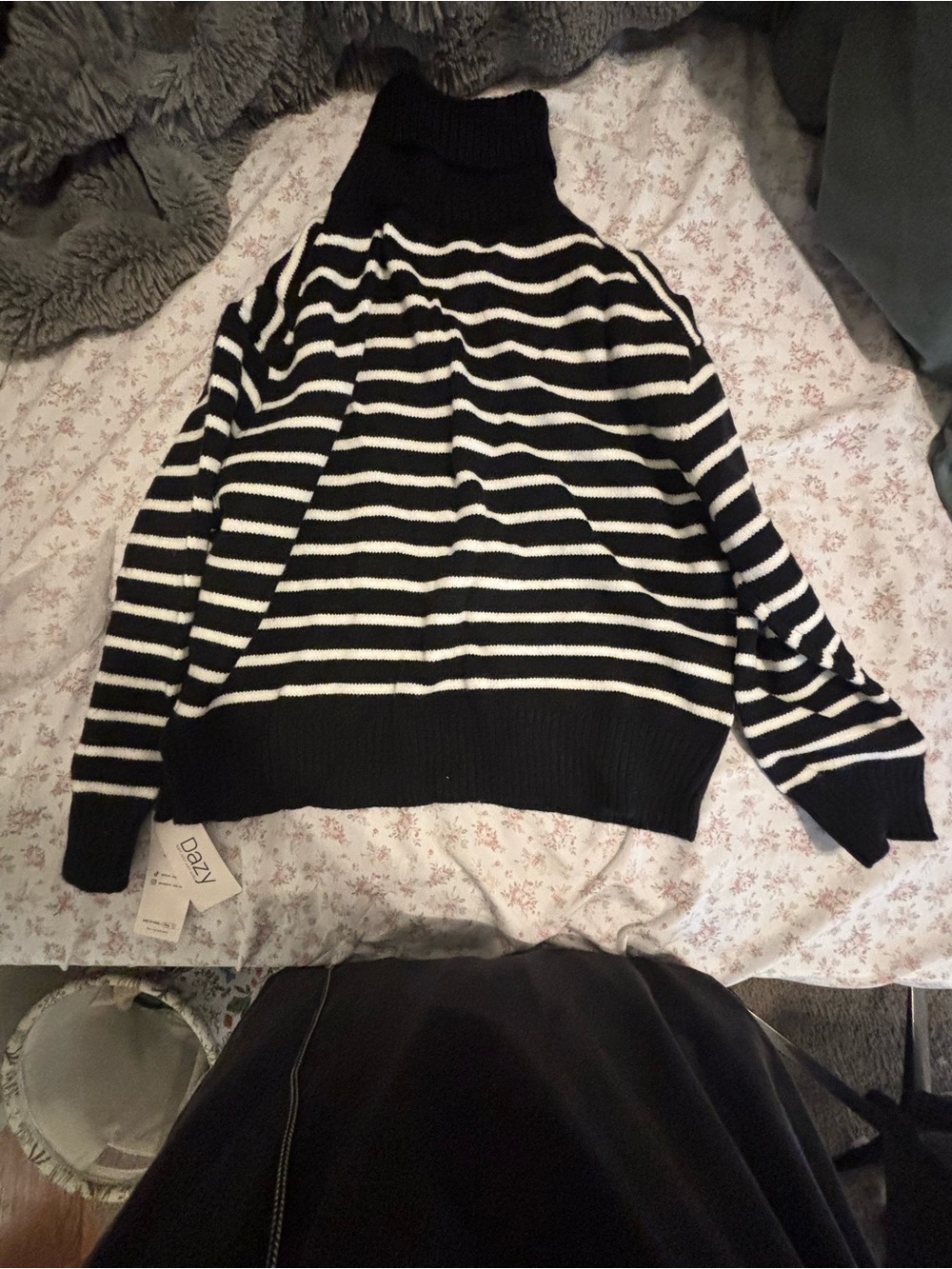 Dazy Black & White Striped Turtleneck Sweater